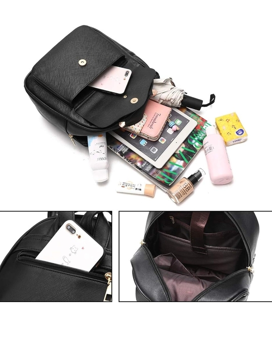 Women’s Black Faux Leather Backpack Set with Round Crossbody and Cardholder main image 5